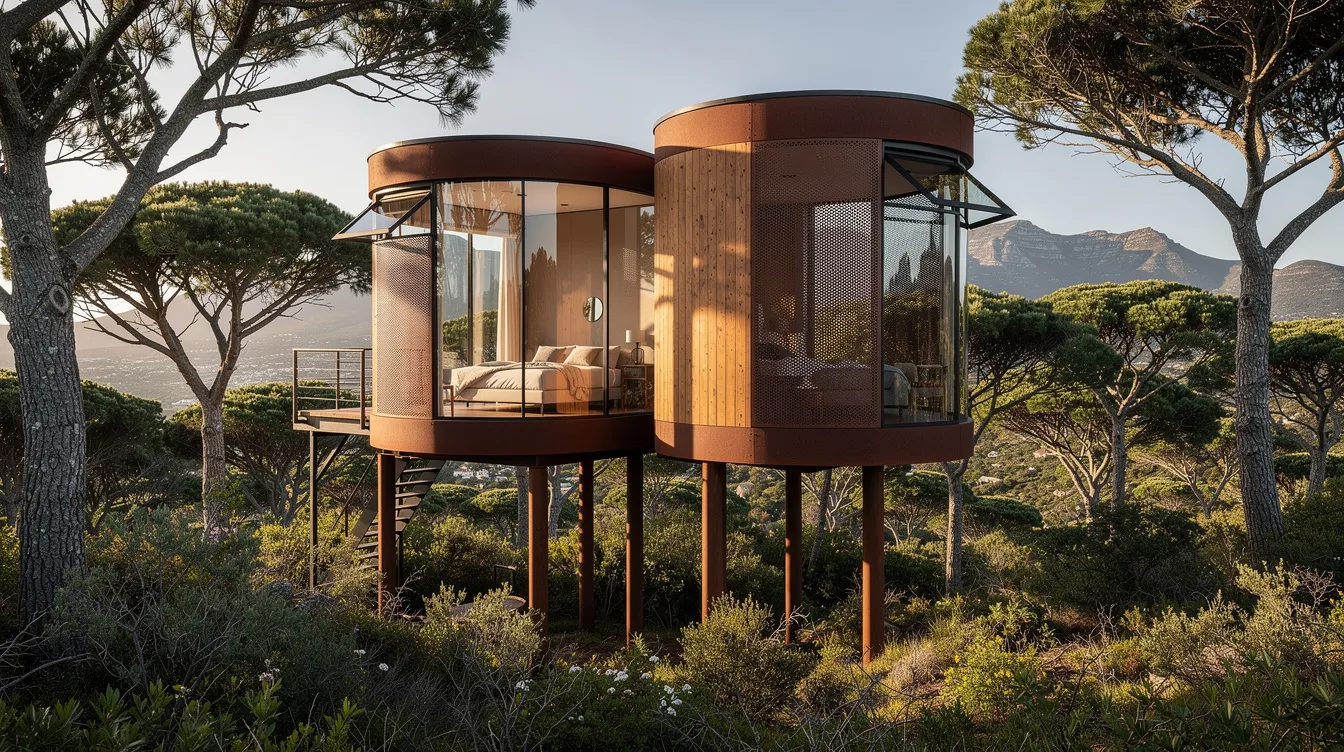 0c64ca97f2a64268b0f941760e4aaeb5 This contemporary glass treehouse designed by Malan Vorster Architecture features a stunning cylindrical structure elevated on stilts surrounded by the lush Cape Town forest With expansive windows that fill the living space with natural light and provide 360 degree views this tiny home elegantly blends modern design with nature showcasing a perfect retreat for architecture enthusiasts and nature lovers alike