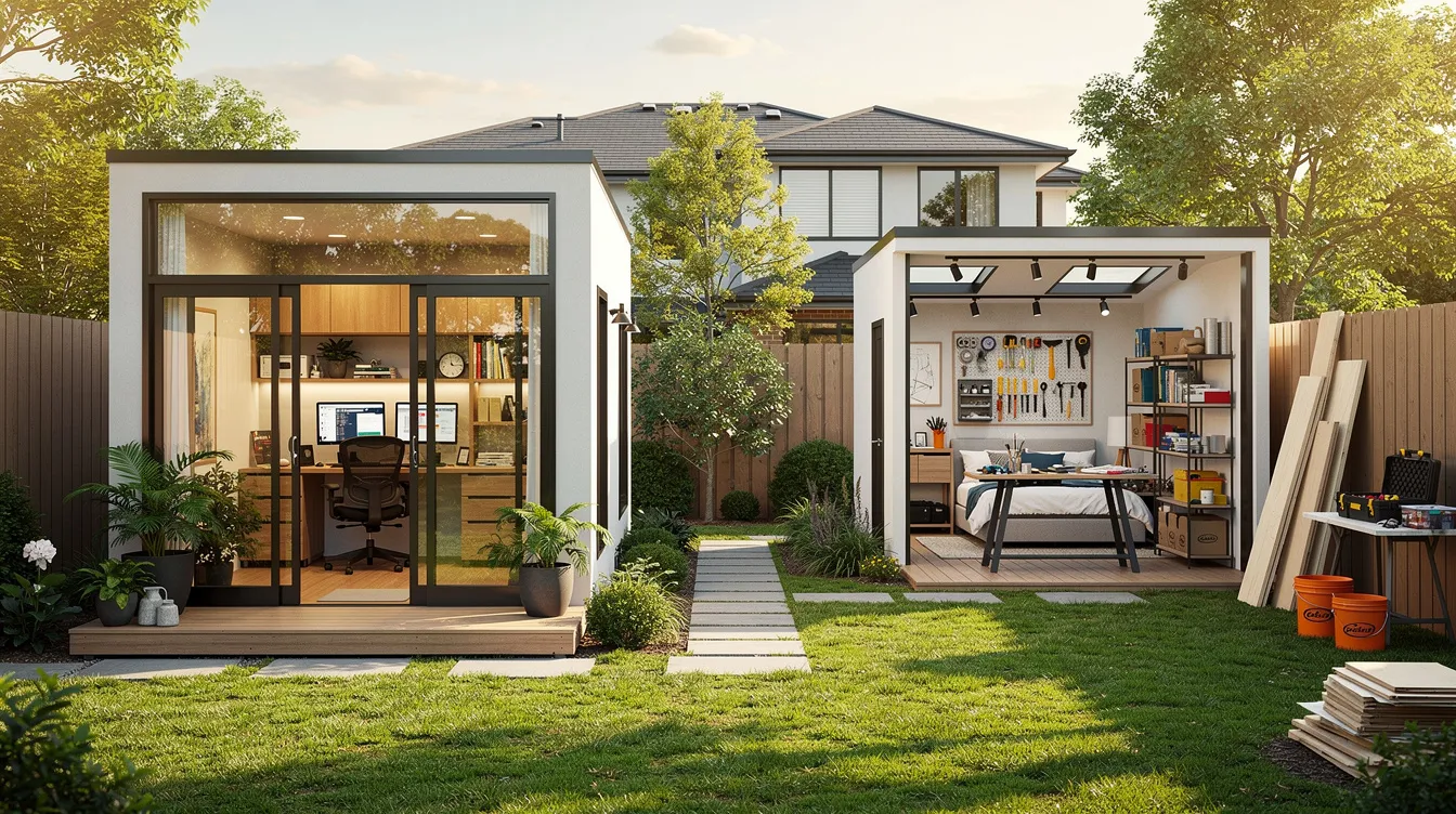 0d3ccebbeccb421da3ffde7cae824b18 The image depicts a beautifully designed backyard office and studio tiny home showcasing a modern workspace with built in desks and large windows that allow natural light to flood in This fully built tiny home serves as both a productive environment and a potential rental unit emphasizing the tiny home movement's focus on efficient living and quality craftsmanship.