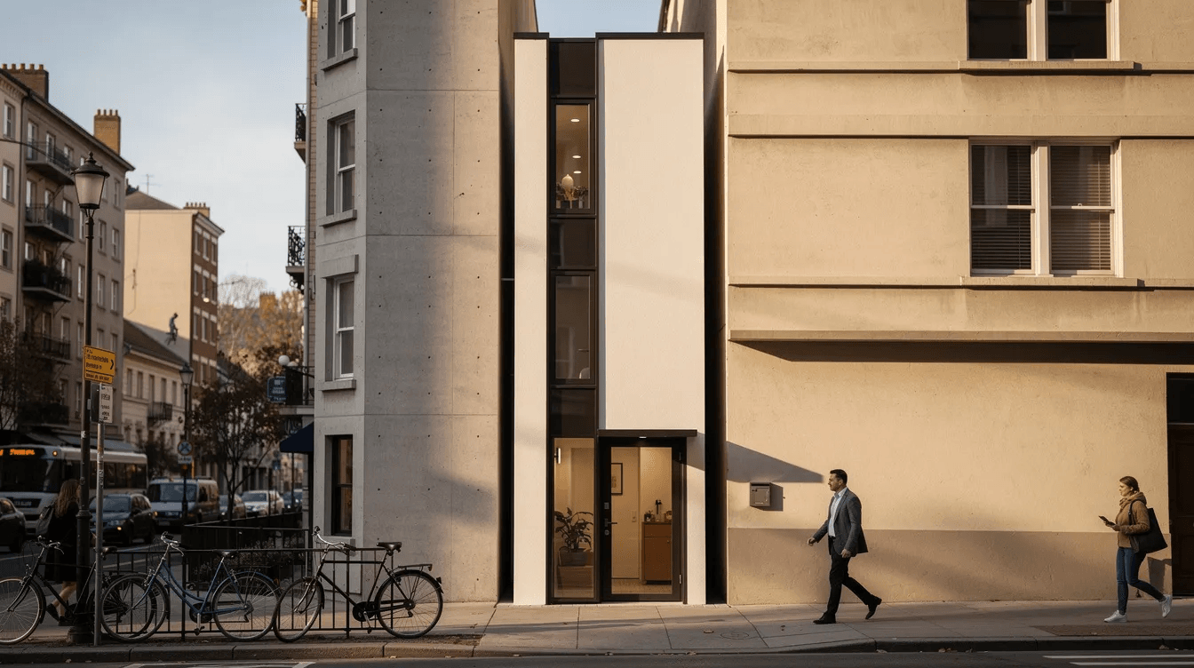 0d87c4d0a92046019030965c55645157 The image depicts an ultra narrow house built on a 2 meter wide plot in Tokyo showcasing a modern architectural design that maximizes limited space Natural light floods the interior through large windows highlighting the spiral staircase that connects the ground floor to the first and second floors creating a cozy yet functional tiny house environment