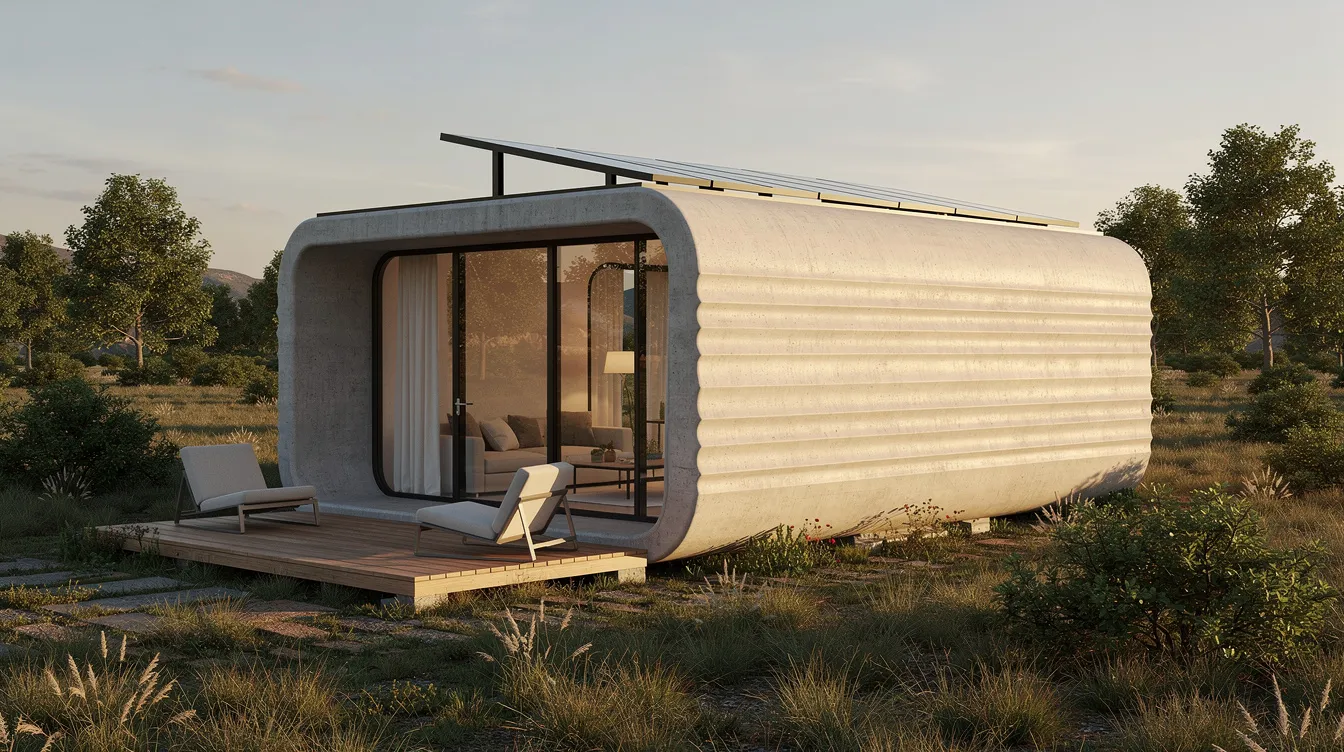 1038c265d2ab4f3b92704fd7eff736c3 This image features a sleek 3D printed tiny house with smooth curved concrete walls showcasing a modern design that maximizes natural light through large windows The cozy living space includes a sleeping loft a double bed and a stylish breakfast bar making it an ideal vacation home or guest house within a small footprint