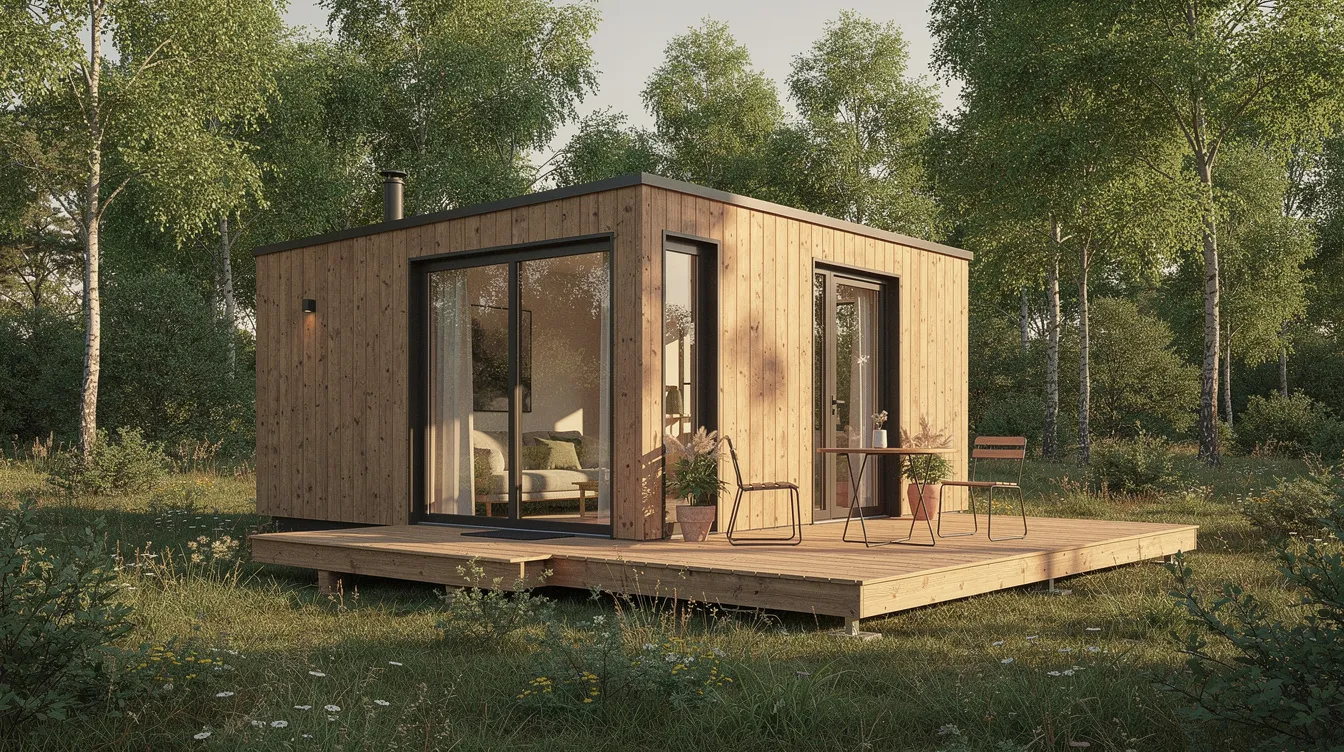 1058ad0b82c94bb6a3f5681b482e37fd A small wooden tiny house featuring large glass windows and a matching deck is nestled in a lush natural setting showcasing a cozy living space filled with natural light This example of a tiny home emphasizes functional design and a connection to the outdoors perfect for those seeking an affordable lifestyle in minimal space