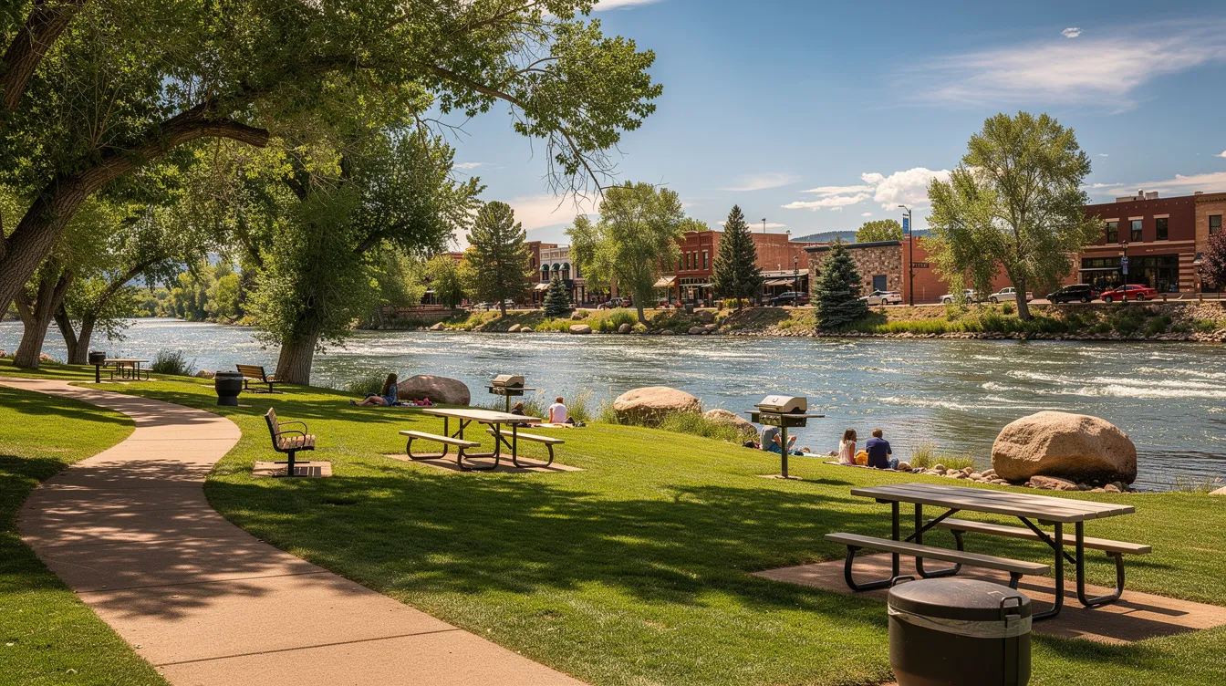 1332f81209494ff699d2f770989f3794 The image showcases Island Cove Park a vibrant community located in downtown Durango Colorado featuring lush outdoor living areas along the riverfront surrounded by mature trees and beautiful views This 15 acre park combines the charm of tiny home living with convenient urban access making it an ideal spot for tiny home residents and outdoor recreation
