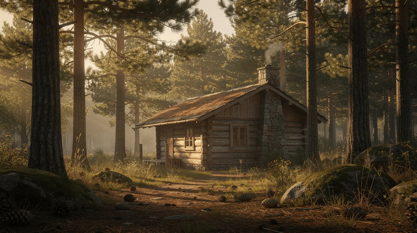 A rustic wooden cabin featuring log walls and a charming porch is nestled among tall pine trees in a serene clearing showcasing the beauty and craftsmanship of Amish built cabins This idyllic setting highlights the cabin's curb appeal and its potential as a cozy retreat or tiny home.