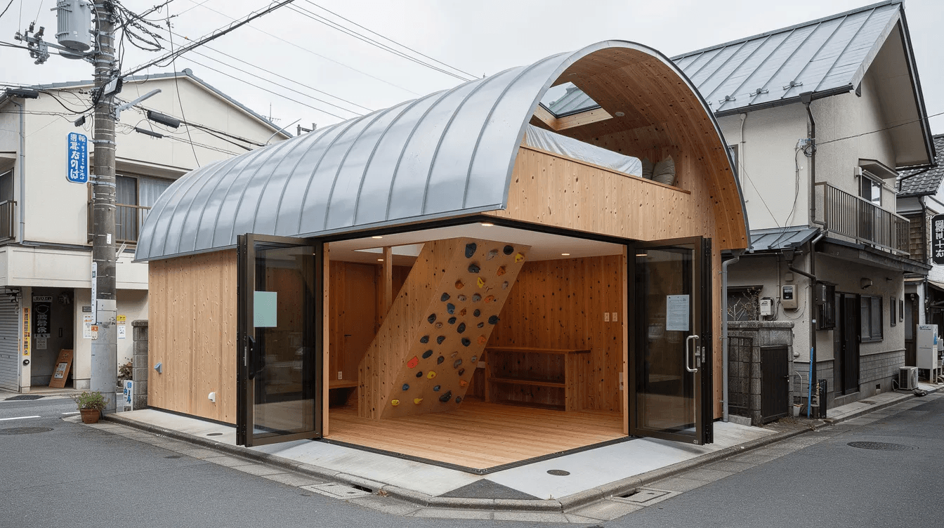 14d408df79fe45bd8328a4c386ebd02e The image showcases the Love2 House in Tokyo a serene Japanese small house designed by architect Takeshi Hosaka featuring a unique curved metallic roof and a dynamic skylight The interior highlights natural light with warm wooden materials an open living area that connects to the outdoor space and a rock climbing wall leading to a loft bedroom exemplifying thoughtful design in limited space