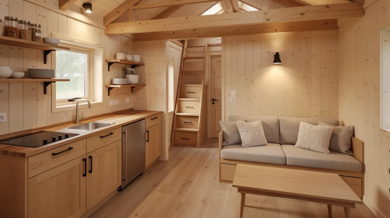 15000a62213d4365890a1074577b77f3 The image showcases the interior of a tiny house featuring a compact kitchen and living area adorned with warm wood finishes This space exemplifies the quality craftsmanship and timeless design often sought by tiny home builders maximizing space while providing a cozy and functional environment