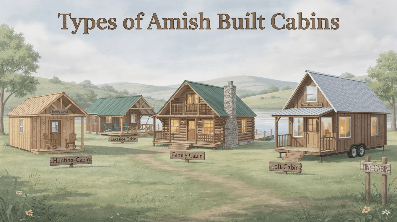 The image showcases various styles of Amish built cabins including log cabins and modular homes emphasizing their unique charm and craftsmanship Each cabin features energy efficient designs durable wood siding and customizable options making them ideal for customers seeking quality and curb appeal for their property