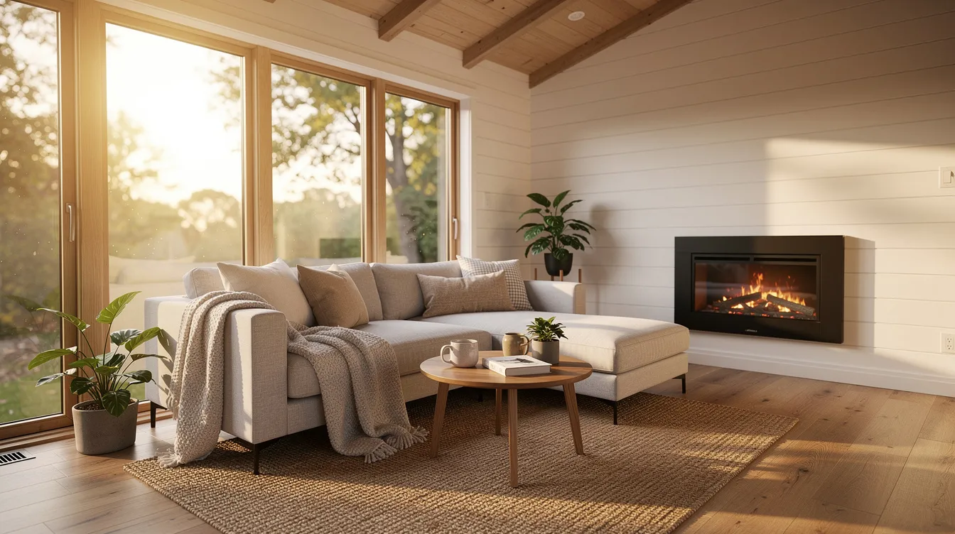 17cda4f7b7f940bd973baf069f6406de The image showcases a cozy tiny house living room featuring a warm fireplace a comfortable sectional sofa and large windows that flood the space with natural light This inviting living area is designed for relaxation and socializing embodying the unique style of tiny homes