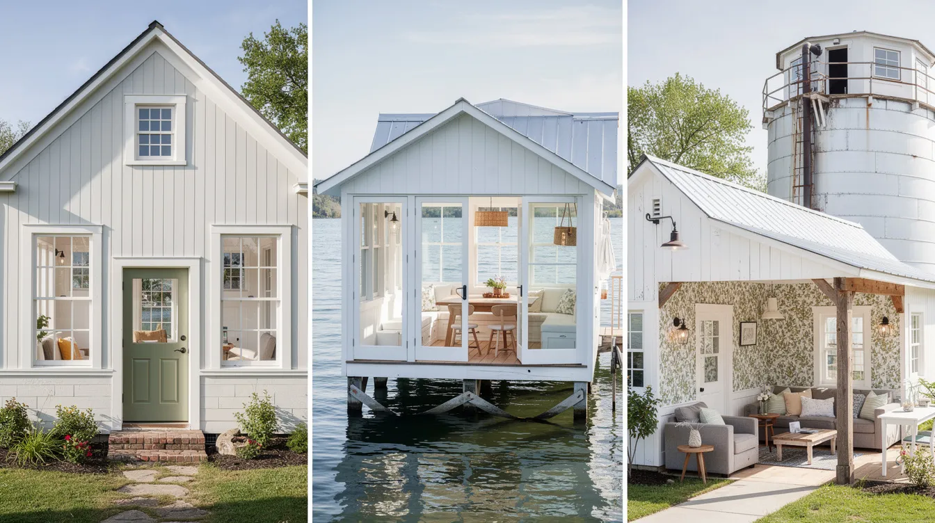 19c51ca035e34f68bb167ffeee4a64d6 The image showcases a charming white tiny house originally an 1840s schoolhouse featuring tall multipane windows and a sage green front door The cozy interior enhanced by natural light highlights white painted beadboard walls and a functional floor plan creating a warm and inviting small space perfect for modern living