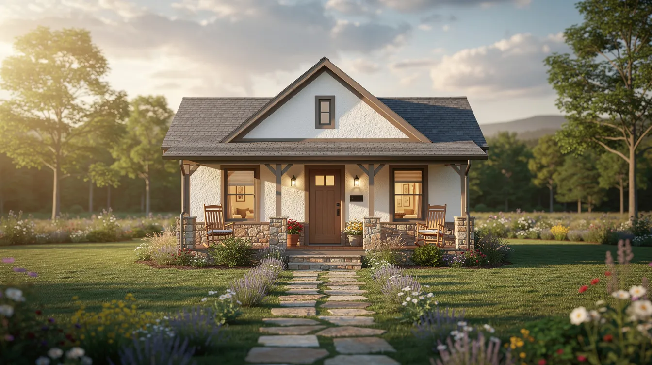 1a12c5d102cd46bea0fb121b3d26741f The image depicts a charming guest cottage a whimsical tiny house nestled in a wooded area showcasing rustic materials and adorable details Inside the cozy space features a small kitchen and a bathroom perfect for a comfortable stay in nature
