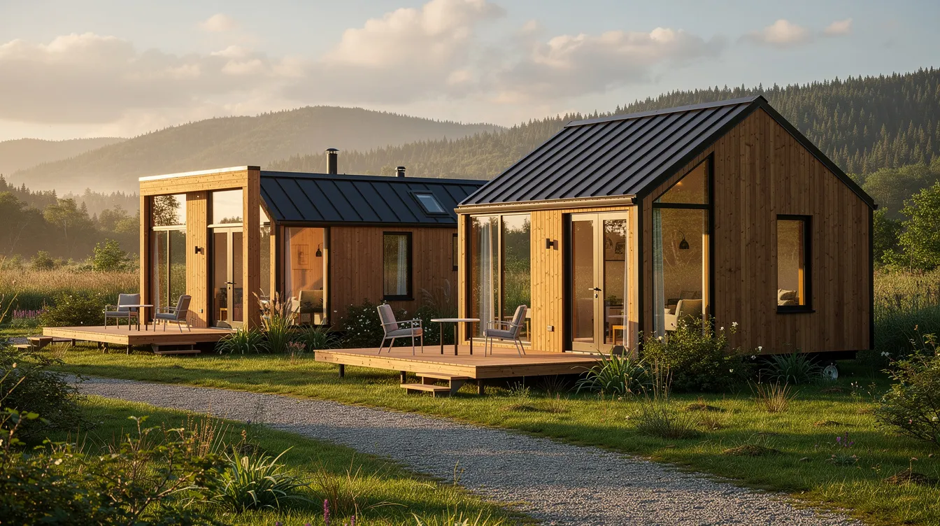 1c0d97e24171411186ff1c51731d0aed This ultra high fidelity image showcases a cluster of cozy tiny houses set in a picturesque community in Tyler Texas highlighting the compact and stylish design of tiny home living Each home features large windows and a unique custom design emphasizing the benefits of reduced utility bills and the comfortable lifestyle that comes with owning a tiny home