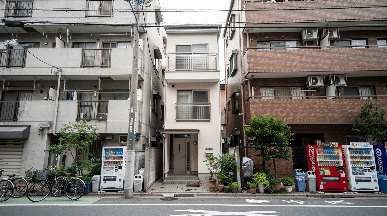 1d420c2da10849608f99c9a390489abd The image depicts a narrow four story residential house nestled between mid rise apartment buildings on a tight Tokyo street showcasing its unique architecture and efficient use of limited space The house features large windows that allow natural light to flood the interior highlighting the spiral staircase that connects the various floors of this charming tiny house