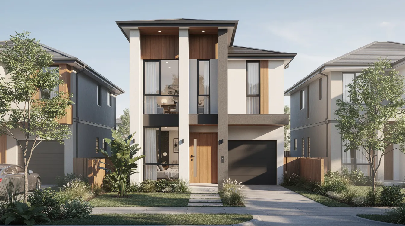 1ec681075cf645649a94e9412f324039 The image depicts a two story small villa design tailored for narrow lots showcasing vertical architectural elements and a side entry garage that enhance its visual appeal Strategic window placement allows for natural light while maintaining privacy illustrating how small house plans can create a spacious feel even on limited land