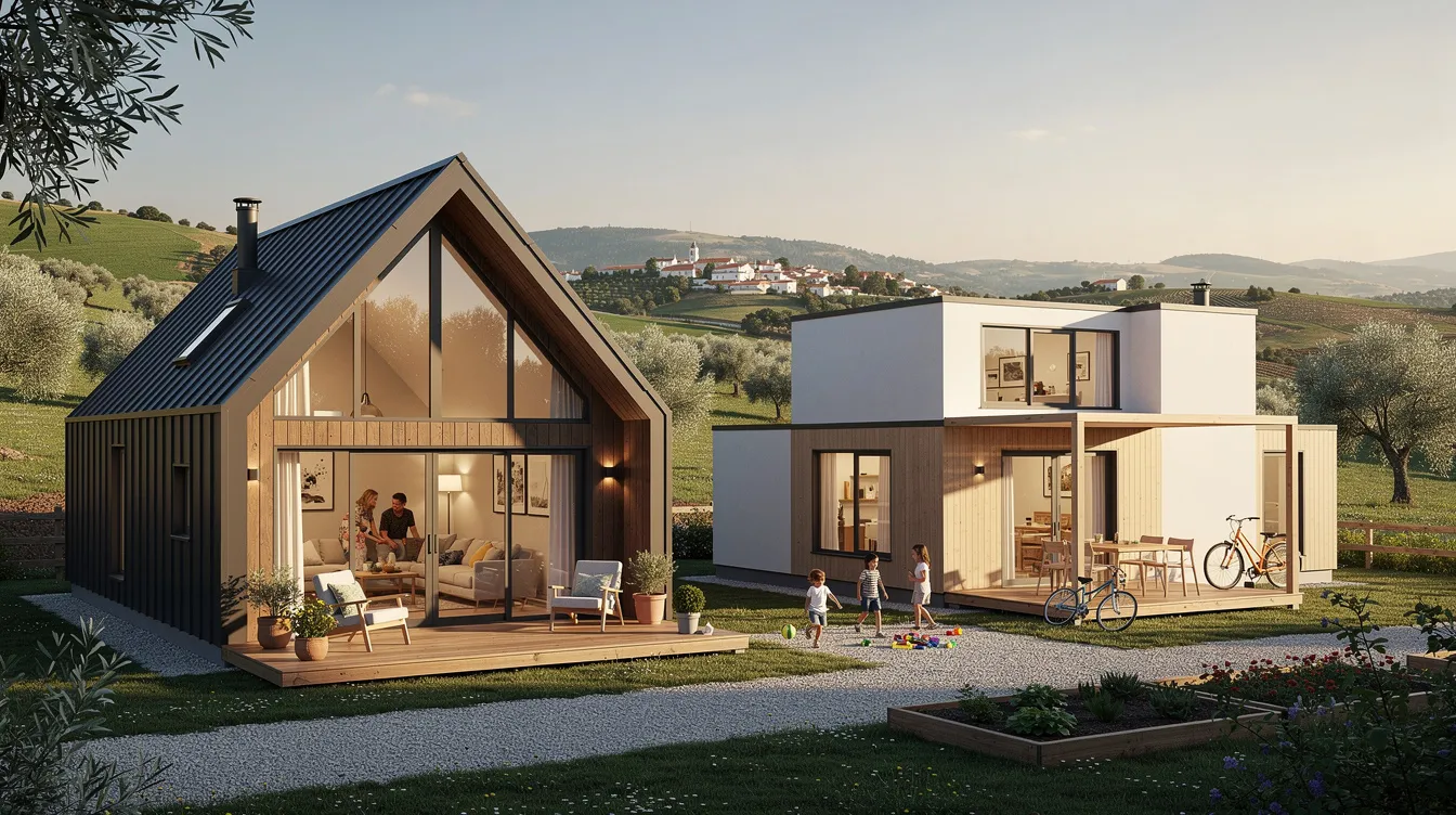 1f3df2c01da74c28bf55738197b1b88c The image showcases larger A frame and modular microhouses in Portugal designed for tiny living with a spacious layout of 60 80 m² ideal for families These eco friendly homes emphasize energy efficiency and sustainability featuring natural materials and solar panels while reflecting the appeal of modern tiny house living