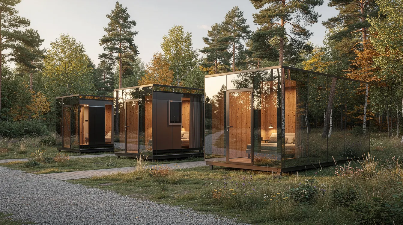 1fe205a1f5ff4241bc380bf2f61a0f19 The image features a stunning mirrored tiny house inspired by ÖÖD and MODODOMUS set in a semi rural landscape Its reflective glass exterior contrasts with the warm timber interior providing luxury and privacy for guests while offering amazing views of the surrounding nature