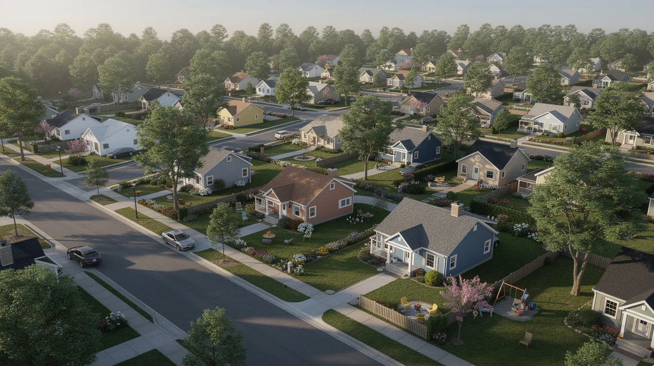 1fe775b4e64c4dcea4c512aae60a94fe An aerial view showcases a charming neighborhood filled with small cottage style homes nestled along tree lined streets highlighting the appeal of tiny house living This picturesque scene emphasizes the cozy atmosphere and potential for cost effective housing options in a community setting