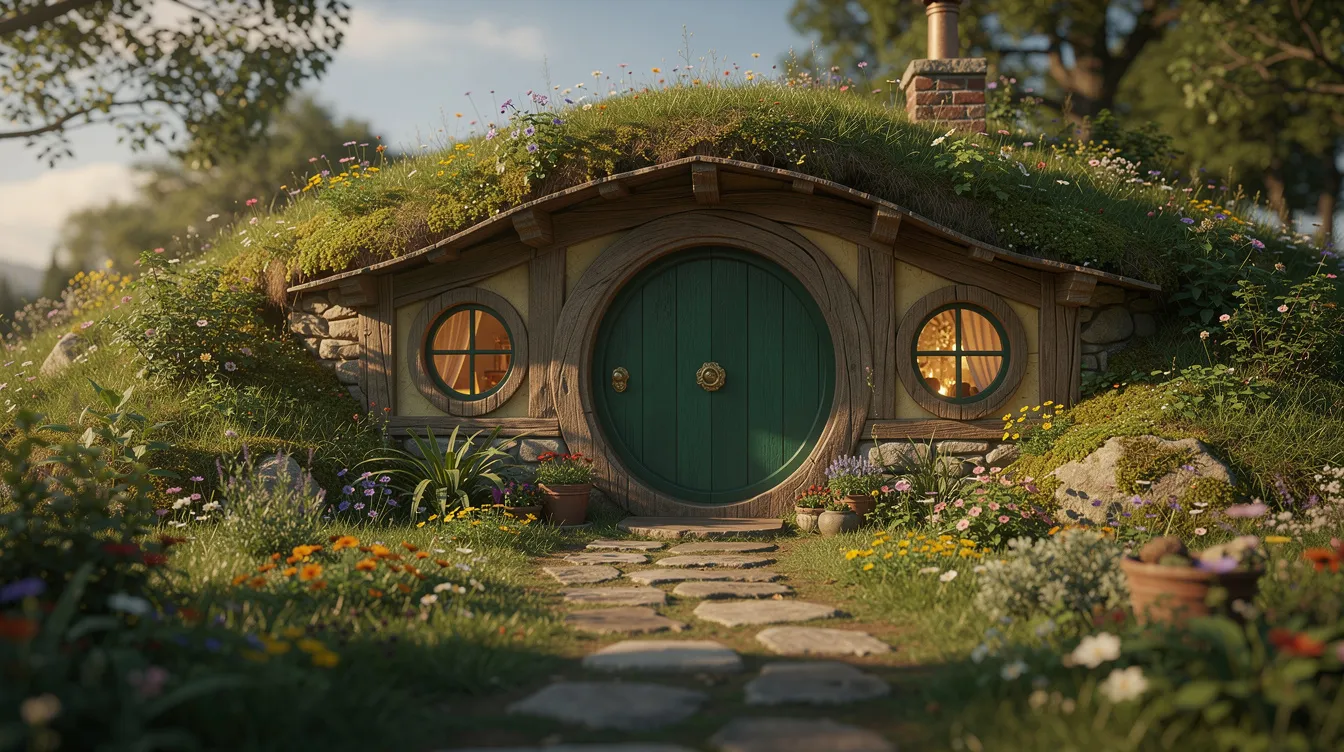 2202d757ffb64941823a5bdb15389b59 This HDR photo captures a cozy hobbit house nestled in the Smoky Mountains featuring a unique circular door and charming architecture that evokes the magic of Middle Earth The tiny home surrounded by a lush garden offers an unforgettable experience with its eco friendly design and inviting living space for family and guests