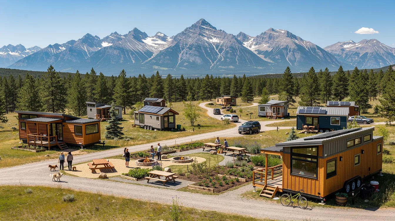 239c63f68d484a999df71ee962ae2a2e The image depicts a vibrant tiny home community in Colorado featuring beautifully designed tiny homes surrounded by mature trees and outdoor living areas Residents enjoy a peaceful lifestyle in this quiet agricultural community with easy access to recreational opportunities and the stunning natural beauty of the surrounding mountains