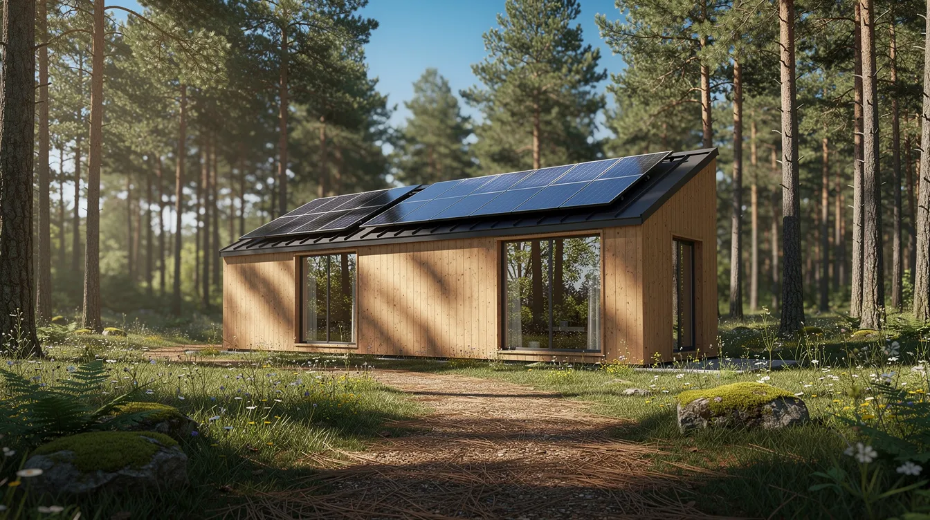 249c891efcdf4f9dbd29911e987628d0 A solar powered tiny cabin sits in a serene forest clearing surrounded by tall pine trees with solar panels prominently displayed on the roof This cozy tiny home features a bright interior space filled with natural light making it an ideal retreat for those embracing the tiny house movement