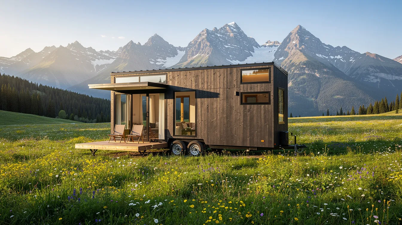256fa0d8641c41febacb9b25a045ff8d A modern tiny house on wheels is parked in a picturesque mountain meadow showcasing clean lines and a compact design that blends harmoniously with nature This tiny home features large windows that allow natural light to fill the living space making it an ideal vacation home or guest house for those seeking a peaceful escape
