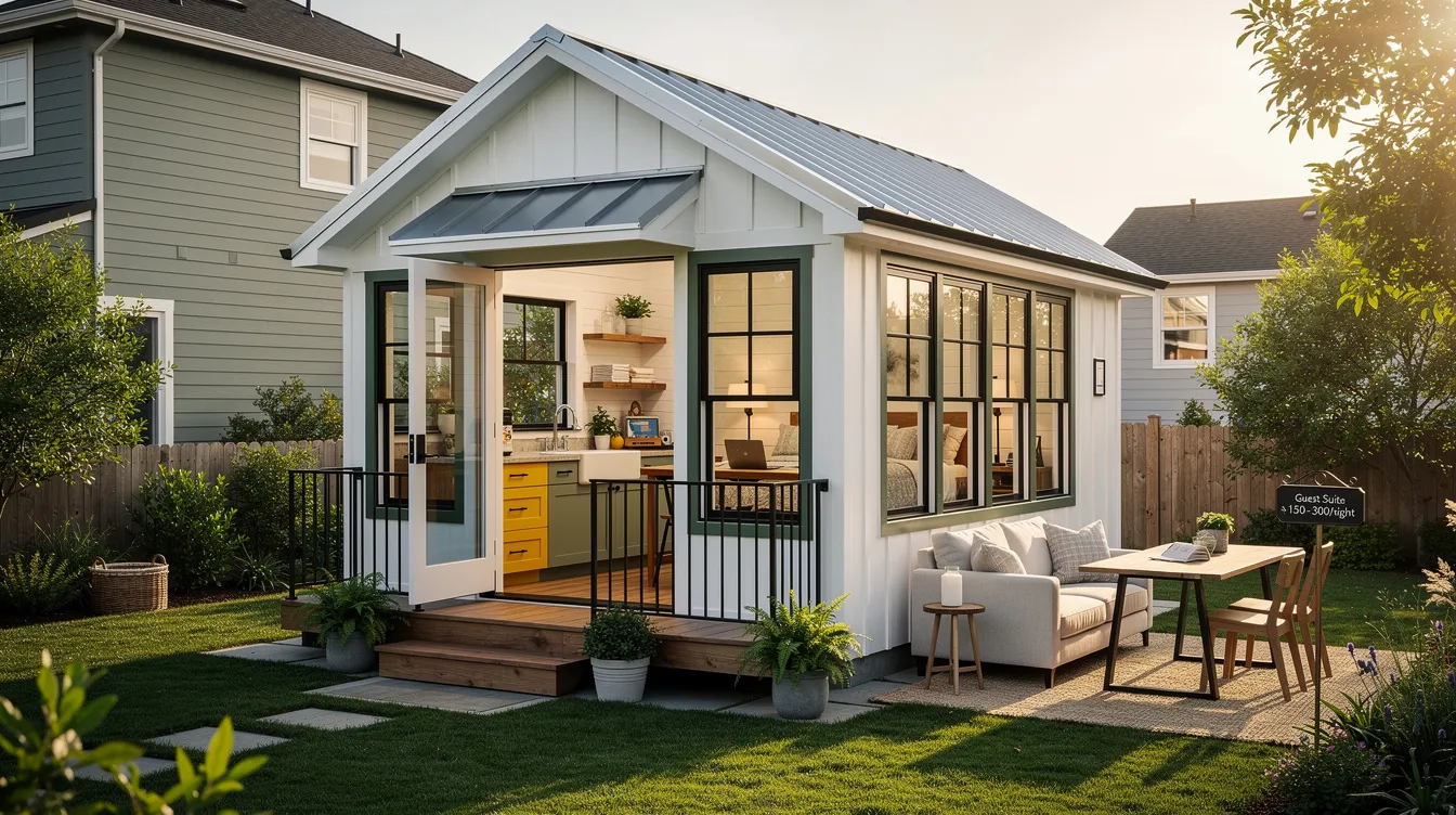 25a6420809164959ab2f4a7374650332 The image depicts a modern farmhouse style tiny house nestled in a backyard showcasing a white exterior with dark green trim Large windows invite natural light into the cozy interior which features white shiplap walls and a galley kitchen making it an ideal space for guests or a home office