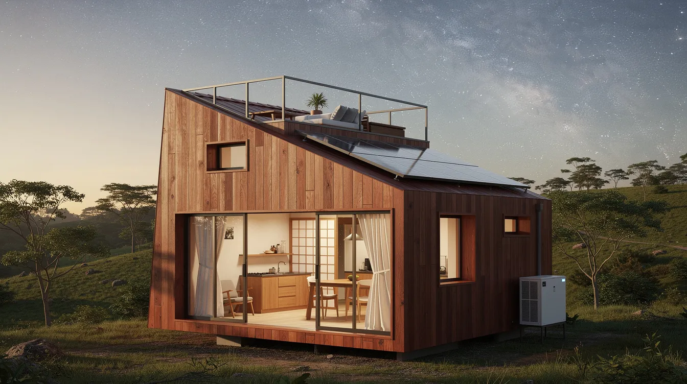 263927056945426ab16cf2228ce0aa7a The image depicts the Tiny House Purunã a charming angular tiny home in São Luiz do Purunã Brazil featuring a timber clad exterior and an inviting roof terrace ideal for stargazing Surrounded by lush forest this off grid gem boasts expansive windows that flood the interior with natural light and showcases premium materials providing a cozy living space with a unique design