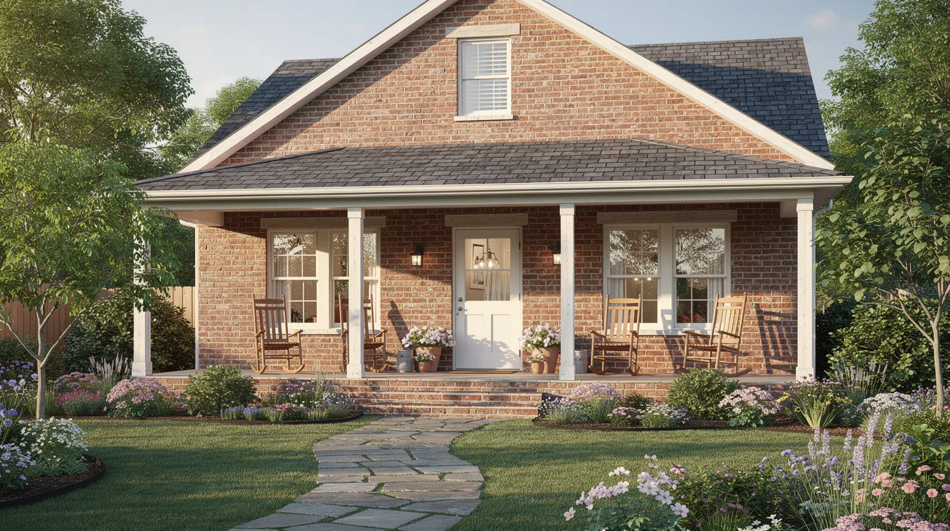 26a92d5eff844e6ab2a512a19a045f48 A charming traditional red brick cottage features a gable roof and a covered porch nestled in a lush garden setting This inviting tiny house exudes warmth and comfort making it a perfect retreat for enjoying the beauty of nature