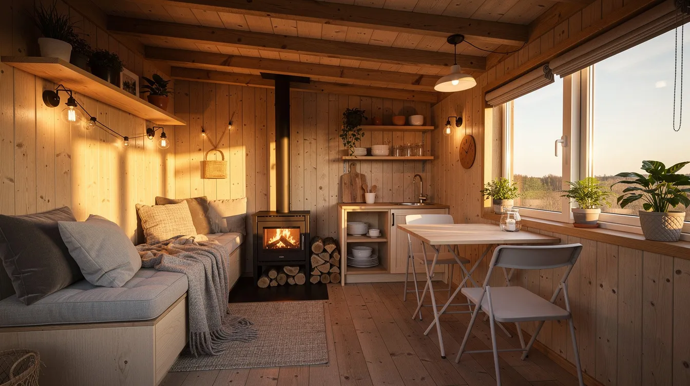 26abadf6d8db4bfebb585da7511cb7bc The image showcases a cozy tiny house designed by Den featuring sky high ceilings and floor to ceiling windows that flood the living space with natural light Inside there's a lofted bonus room perfect for a queen-sized bed, a full kitchen with a gas stove, and even a full bathroom, all reflecting a modern vision with distinctive style.