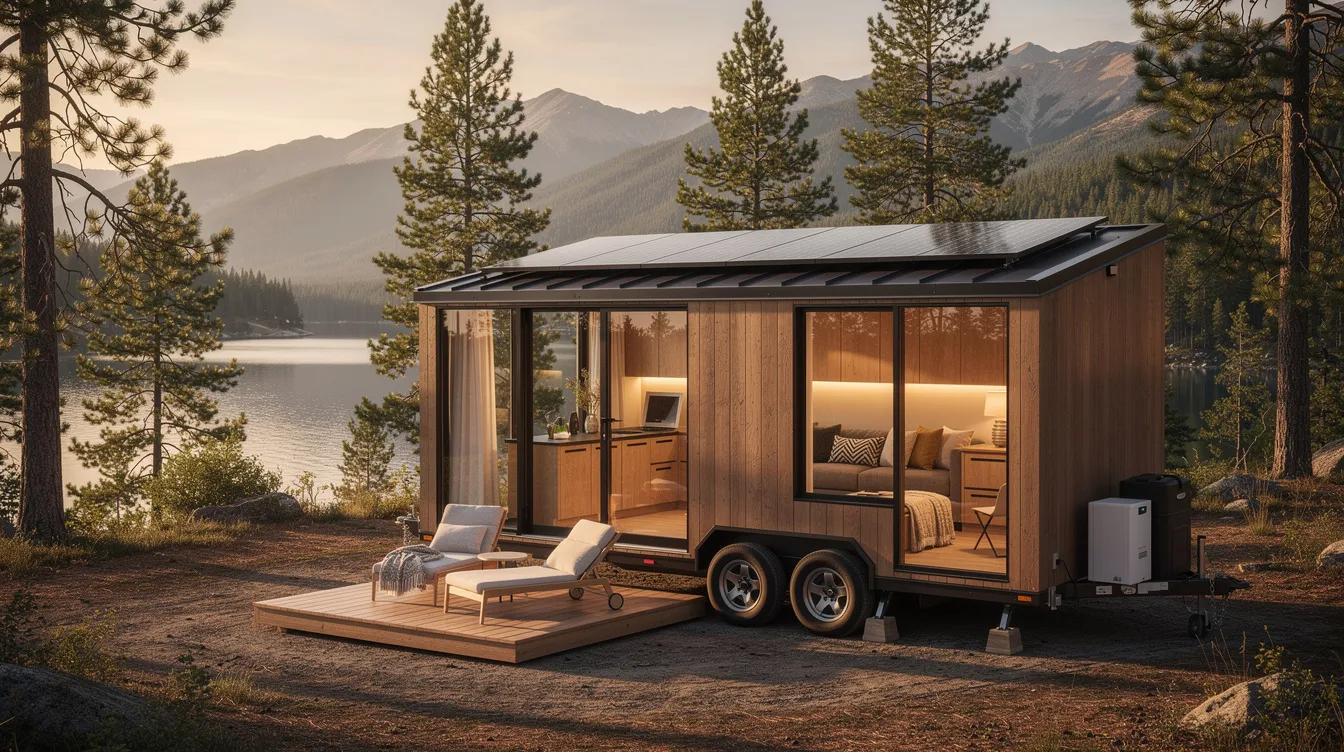 27c1261d59334c2b97802115b1a1dd60 The image showcases a beautifully designed tiny home featuring large windows that invite natural light and offer scenic views of the surrounding landscape This fully built tiny home is perfect for a vacation getaway blending luxury and comfort with eco friendly materials for a restorative retreat experience