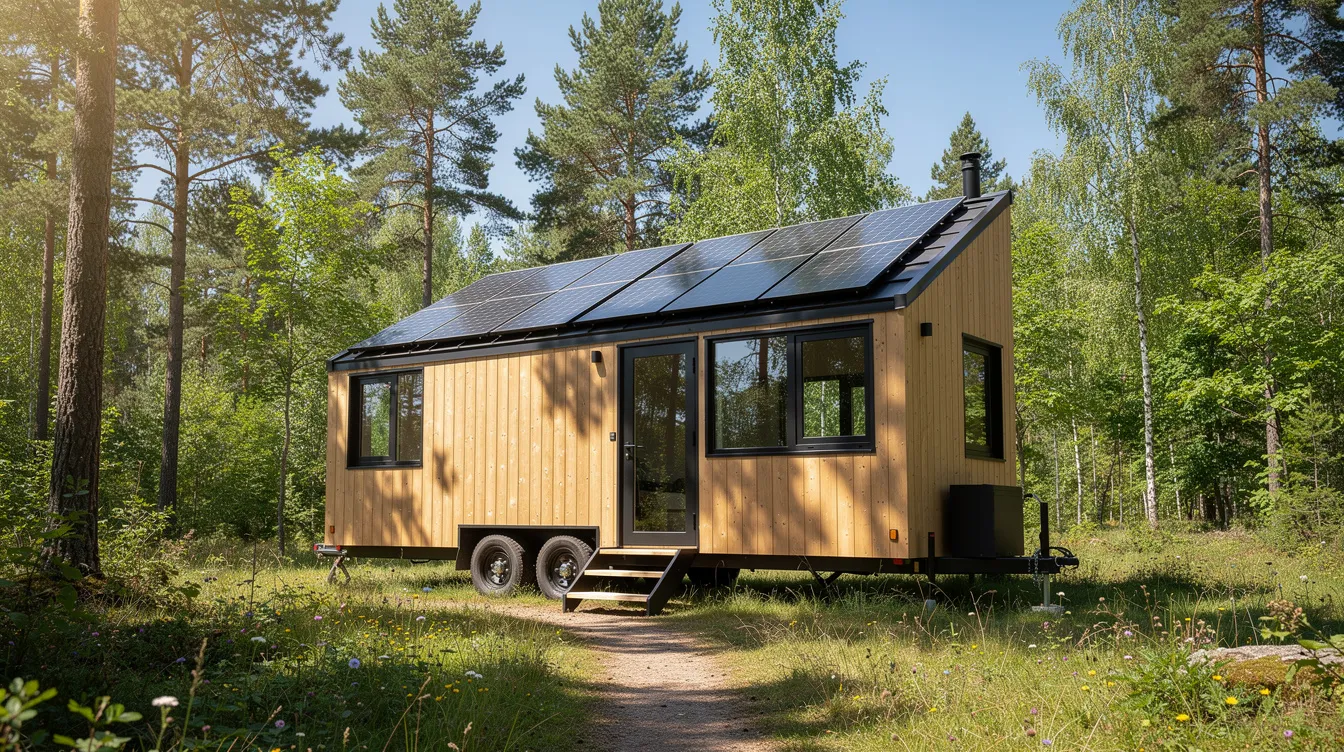 28835b0bd0ae454095b3f415b36bc265 A compact tiny house with rooftop solar panels is parked in a sunny forest clearing showcasing the essence of tiny house living This energy efficient home emphasizes natural light and sustainable materials making it a perfect example of the tiny house movement and efficient design in harmony with the natural world