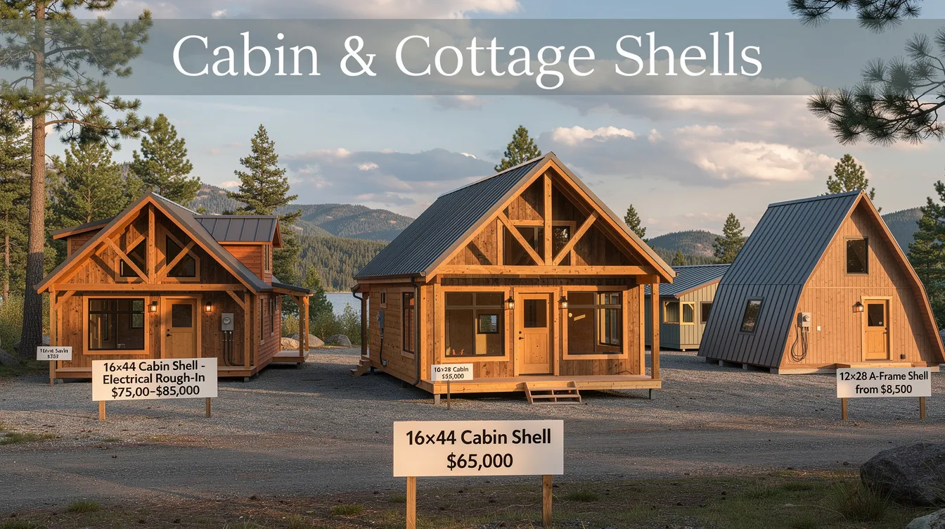 2938374cd3e04194a485fc34f9ed9b6c The image showcases a variety of cabin and cottage shells highlighting their rustic charm and modern construction These structures designed for various uses such as hunting retreats or guest cottages feature durable exteriors and ample space allowing homeowners to customize the interior to create their dream home