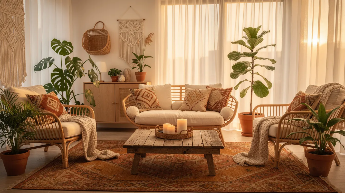 2c6255f475e0406c8500d218a678f394 The image showcases a cozy boho interior of a tiny house featuring rattan furniture lush plants and warm textiles that create a charming atmosphere This perfect weekend getaway is designed for comfort with a dining table and inviting seating for guests to enjoy morning coffee or tea