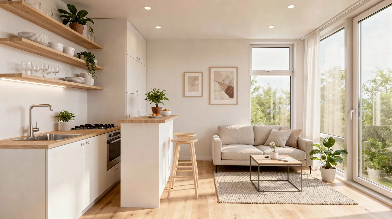 2d253145bb854f7a8372d384ff80dcd9 The image depicts a bright tiny home interior featuring an open kitchen seamlessly connected to a cozy living area illuminated by large windows that invite natural light This energy efficient haven exemplifies a modern lifestyle combining comfort and functionality in a beautifully designed space