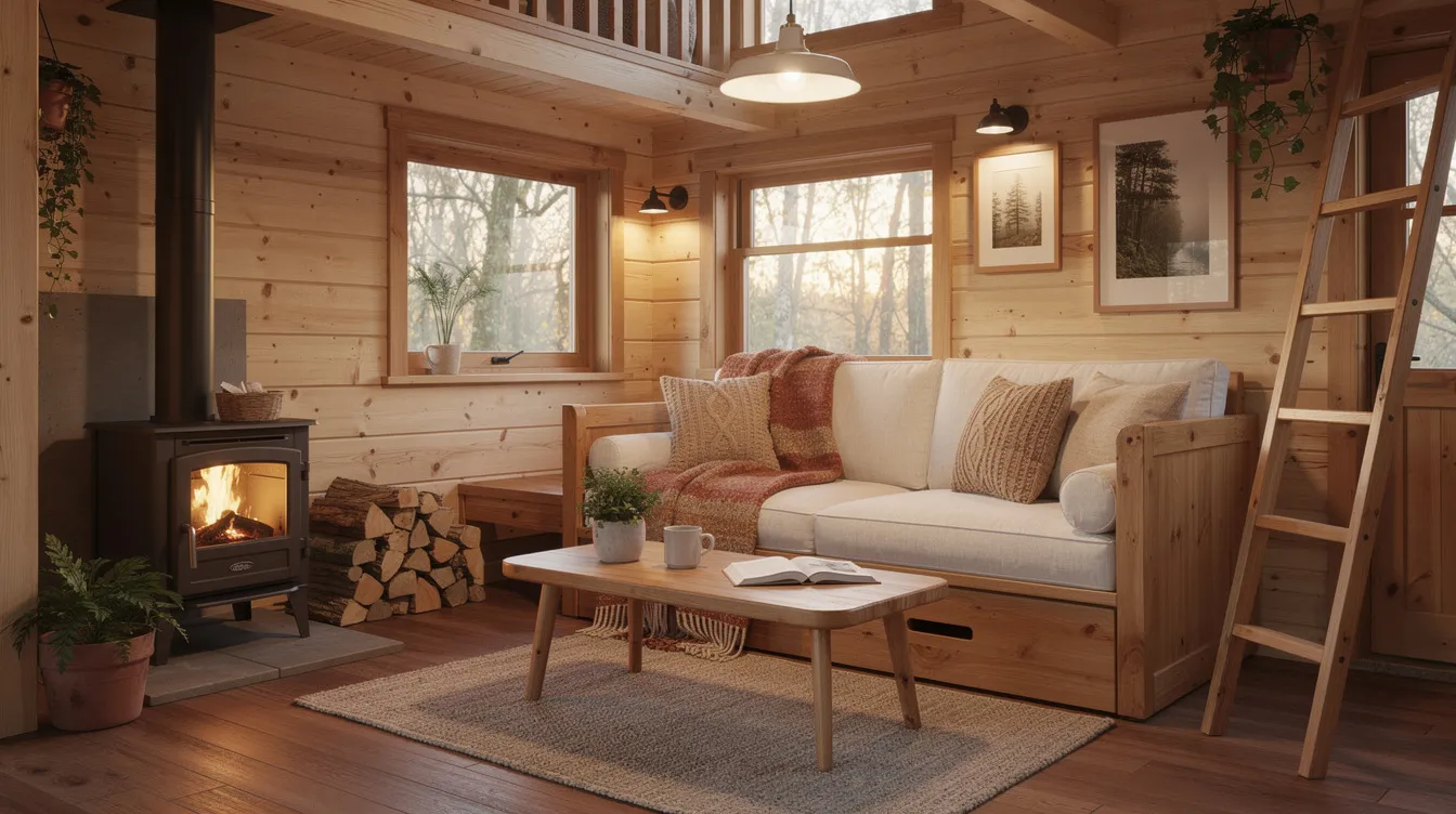 2e572b5977ae42dab799fd85d5e3d990 The image showcases a cozy and warm interior of a tiny house living area featuring natural wood finishes that enhance its inviting atmosphere The space includes a full sized sink and large windows allowing for ample light and a sense of openness in this compact home