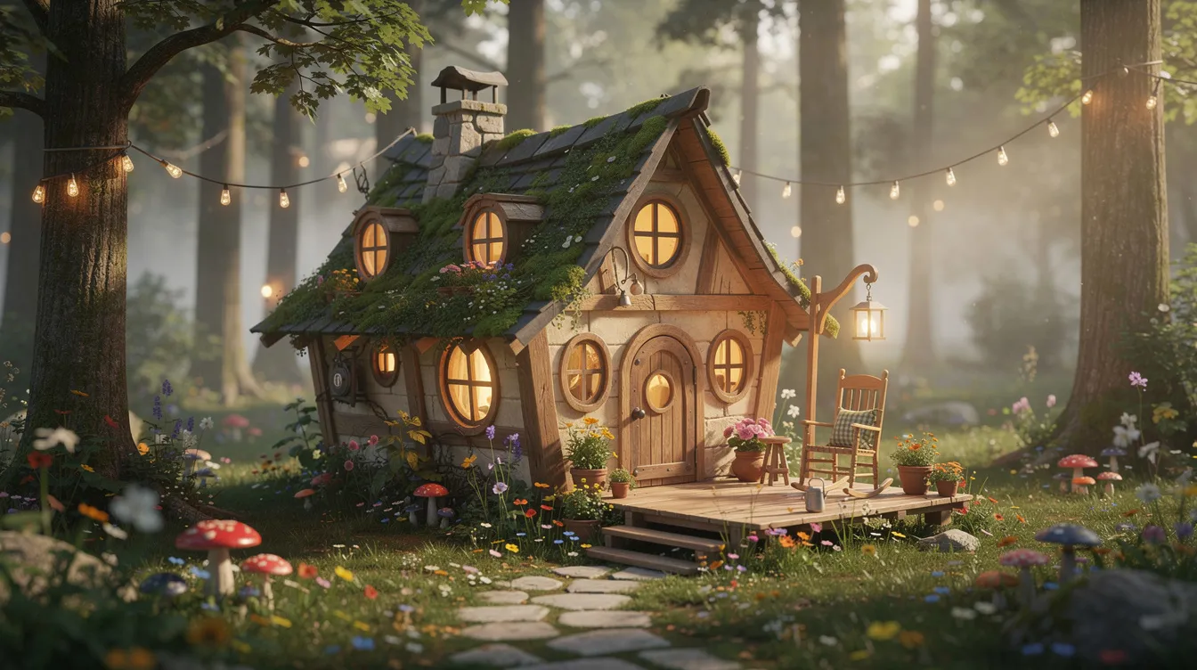 2e647c7925cf4808bd27f9e6bef86737 The image depicts a whimsical tiny house nestled in a wooded area showcasing its cute and rustic design with charming details This adorable guest cottage features a cozy kitchen a bathroom with a shower and is perfect for exploring the idea of tiny living in a fun and comfortable space