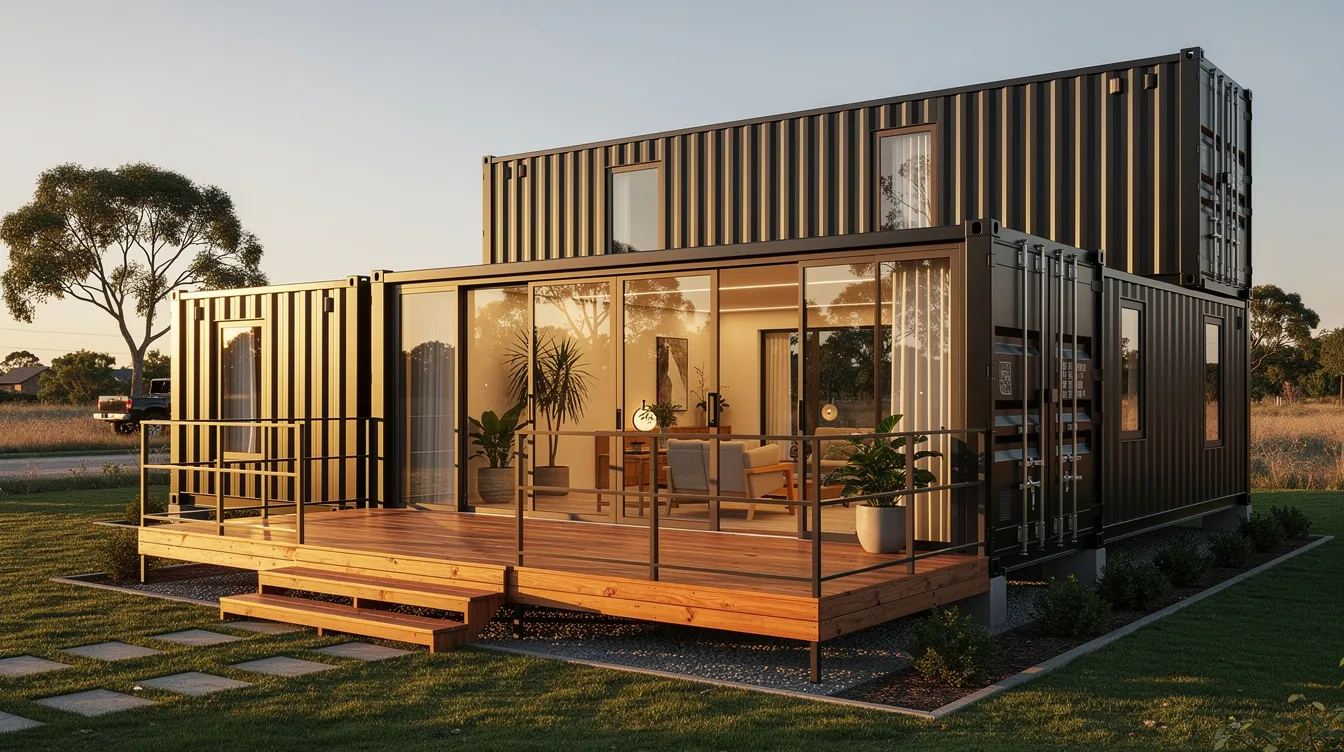 2eb44d2f13b44b7eb94d14c05aca9f09 A modern shipping container home features large glass windows and a wooden deck showcasing a stylish tiny house design This sustainable project emphasizes flexible living space blending contemporary architecture with the environment perfect for families seeking a unique lifestyle in Brazil