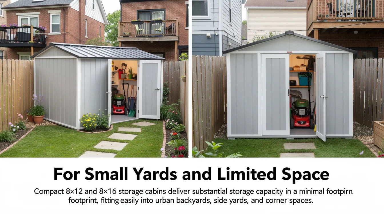 2fe24a9c66bc451cb2c6041003987b7a The image showcases a compact 8×12 portable storage building designed for small yards featuring a gable roof and side entry doors for easy access This sturdy cabin provides ample storage space for outdoor equipment while fitting seamlessly into limited backyard areas