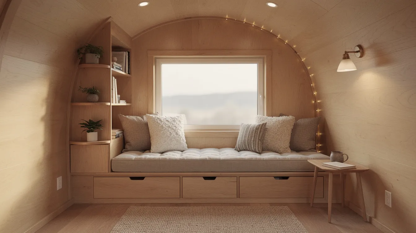 31219bc676ee4832ad75bb6d699b8d83 The image depicts the cozy interior of a tiny house featuring curved wooden walls and warm lighting that create a welcoming atmosphere A built in window seat adds to the charm of this hobbit inspired living space perfect for enjoying views of the surrounding Smoky Mountains