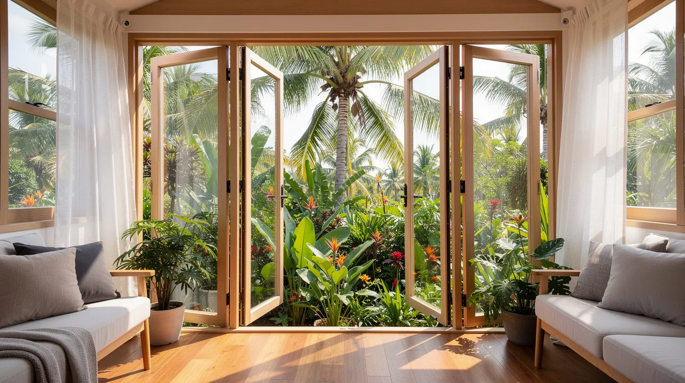 321ca52010114d33a6374dfda910e42d The image showcases a tiny home interior with large open windows that invite natural light and offer a view of lush tropical vegetation outside highlighting the modern design and sustainable living aspects of tiny houses in Brazil The space reflects a harmonious blend of architecture and environment creating an inspiring atmosphere for family life