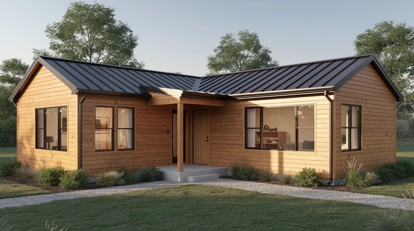 33afe37ed8ea433c961a955a58e582de The image depicts an exterior view of a small L shaped tiny house featuring wooden siding and a charming covered entry porch The design emphasizes space efficiency showcasing architectural elements that create distinct zones for living and relaxation