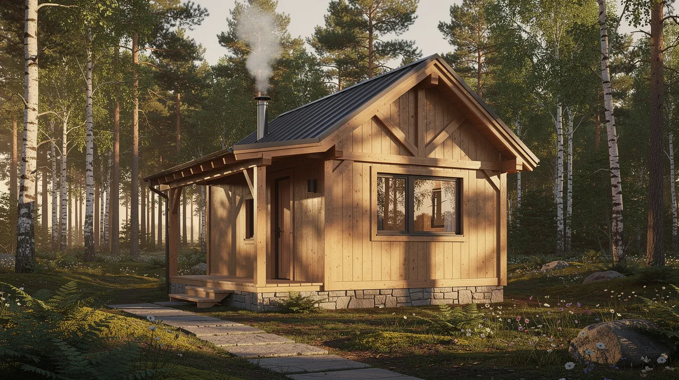 33f8d2b1acc6406696eb8825d0b110f5 A charming tiny timber frame cabin features exposed beams and large windows that allow natural light to fill the interior creating a cozy space for relaxation The inviting front porch is perfect for enjoying morning coffee while taking in the surrounding nature