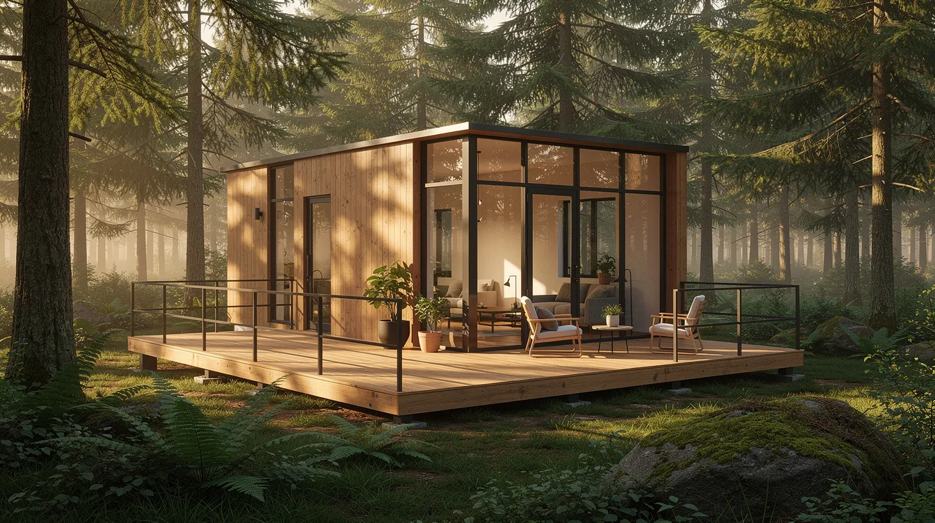 34f8e485ef47477eb6bb2e31c121c6e1 A modern tiny home with a wooden exterior is nestled among tall trees featuring a wraparound deck that offers breathtaking views of the surrounding nature The cozy property is perfect for a quiet weekend getaway equipped with a hot tub fire pit and picnic table for guests to enjoy under the night sky