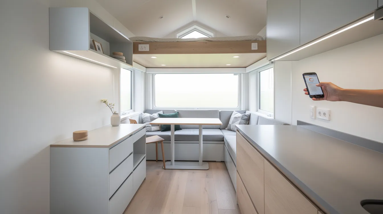 35fccef49b5e4ce9b728ca103eb918f3 The image showcases a beautifully designed tiny house featuring minimalist Scandinavian inspired interiors with clean lines and neutral colors The open floor plan emphasizes space and natural light while built in storage and multi purpose furniture highlight the tiny home movement's commitment to sustainable living and efficient use of square footage.