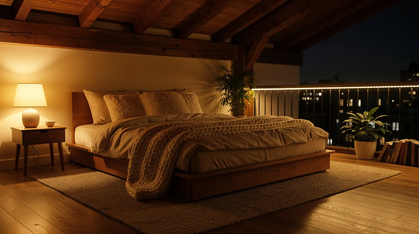 37c73e55f1944e46a3a74f5de97245f9 The image depicts a cozy loft sleeping area within an alpha tiny house featuring warm lighting from Edison bulbs and charming wood accents The space highlights a comfortable atmosphere with hardwood floors and a sliding glass door that allows natural light to fill the room