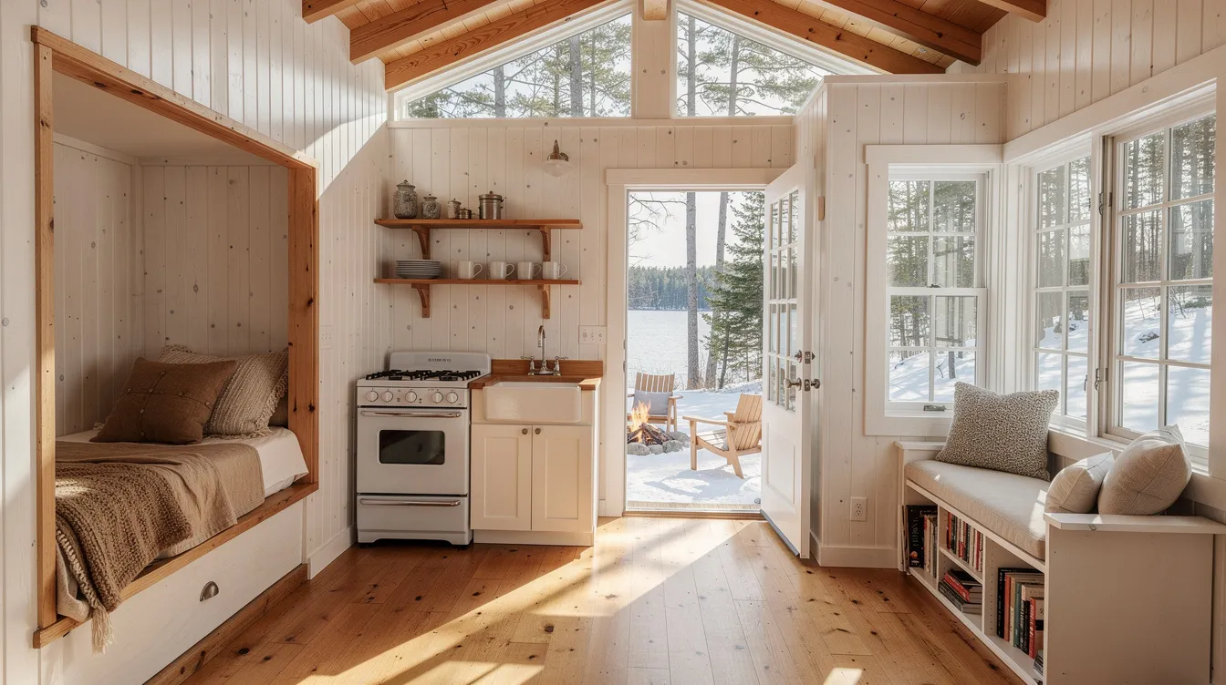 3836e37e1aa342a78f43199efbba48c1 The image depicts a cozy white tiny house nestled in a woodsy setting featuring a compact kitchen a tucked in bed nook and large windows that invite natural light enhancing the sense of spaciousness The front porch is partially enclosed creating a charming reading nook while the rustic interior showcases exposed beams and warm wooden floors perfectly blending modern updates with mid century character