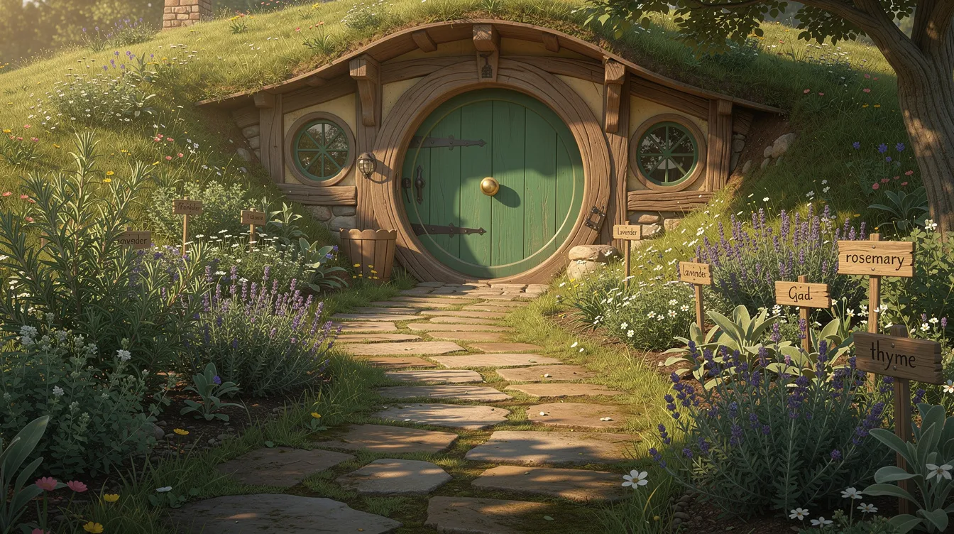 385ed389534d4392bf6def951d659959 The image features a charming hobbit house with a round green wooden door nestled into a hillside and surrounded by a stone pathway and a vibrant herb garden This unique design evokes the magical atmosphere of Middle Earth offering a cozy living space that invites visitors to explore its eco friendly architecture