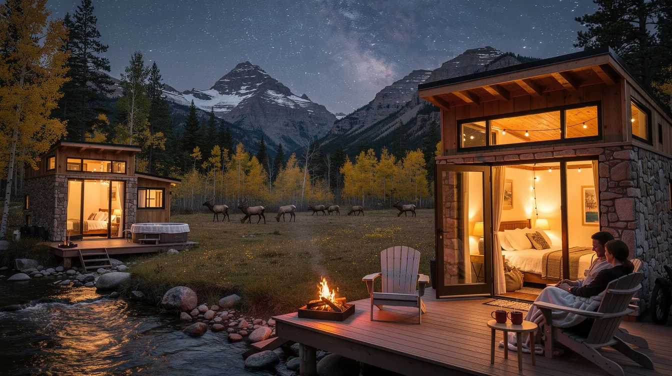 3c24d72e61604eedba6064694156c0cc A cozy tiny home nestled in the Rocky Mountains offers a romantic getaway with a private deck overlooking stunning mountain views The property features modern amenities like a hot tub and fireplace creating a relaxing atmosphere for couples to enjoy nature and each other's company.