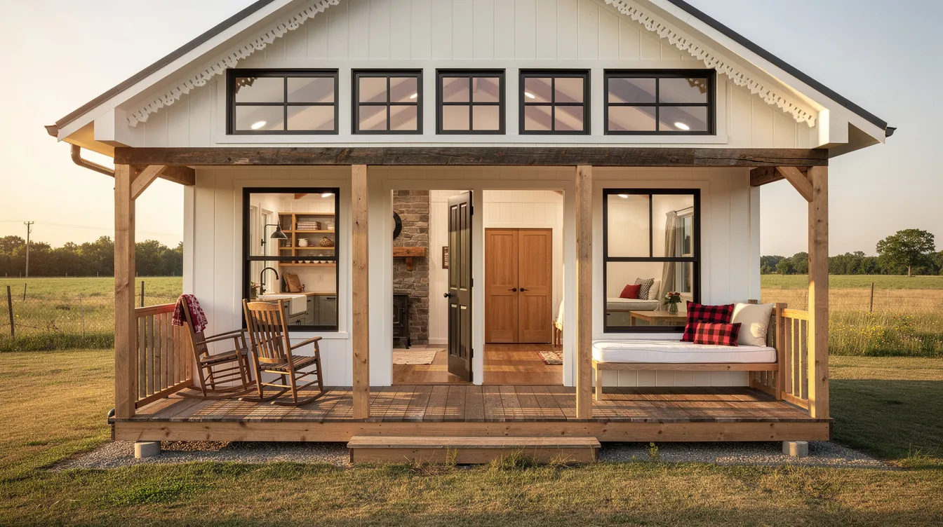 3c661b5d3b22479da9d745ed72a67a66 The image showcases a cozy tiny home that beautifully blends modern functionality with rustic charm featuring large grid windows that fill the interior space with natural light a wood burning stove near a compact kitchen and a welcoming wraparound porch This tiny house designed with warm wood tones and thoughtful details creates an inviting living space perfect for enjoying the tranquility of country life