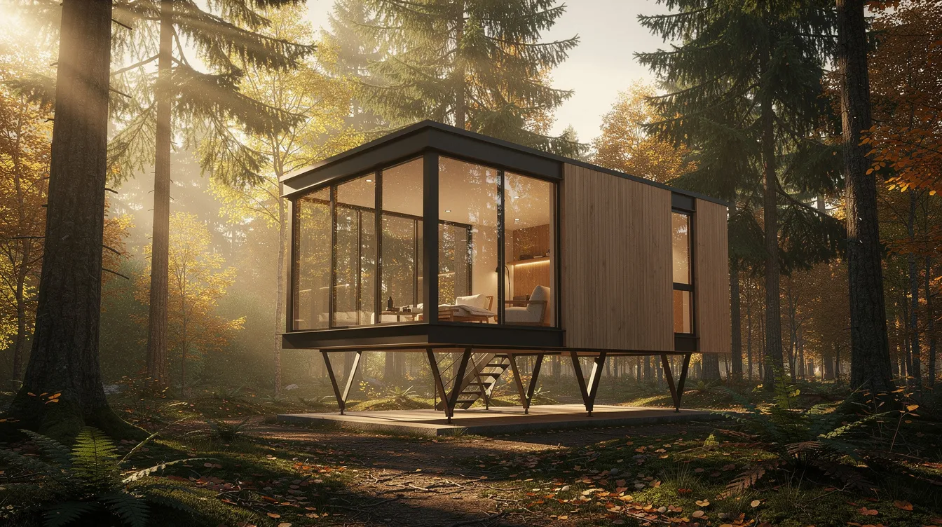 3d91fd0deae447e58489cfdf65e9a942 A contemporary tiny house elevated on stilts featuring floor to ceiling glass windows that invite natural light is nestled among tall trees during the golden hour This incredible tiny home showcases a modern design with a cozy interior space perfect for living tiny and enjoying the beauty of nature