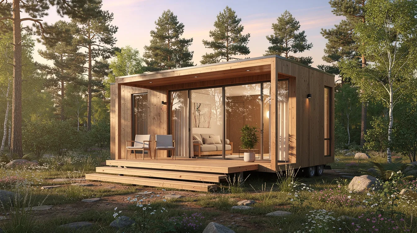 41e8024405874b5db23767739374685b The image showcases a cozy Nativo Tiny House nestled in a quiet setting perfect for a family and their pets providing comfortable accommodations for guests Its charming design and practical options make it an ideal property for those who love minimalist living
