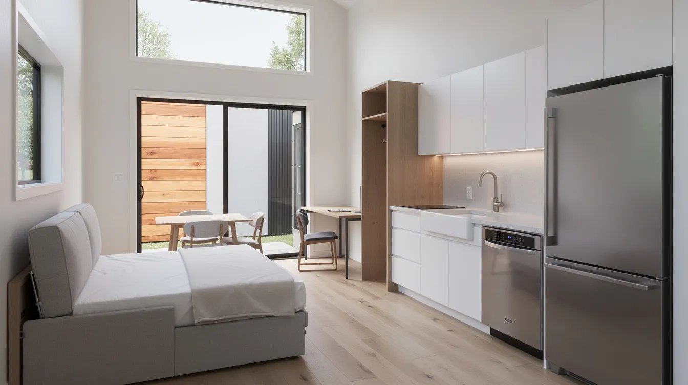 41f4eeaa90f540a6a45c1fedc6a6f6af The image showcases the Abodu Studio a compact 340 square feet tiny house featuring a functional kitchen with a full size refrigerator and dishwasher ideal for those seeking efficient living spaces without sacrificing cooking capabilities It highlights an efficient fold up design that maximizes floor space with three siding options for exterior customization